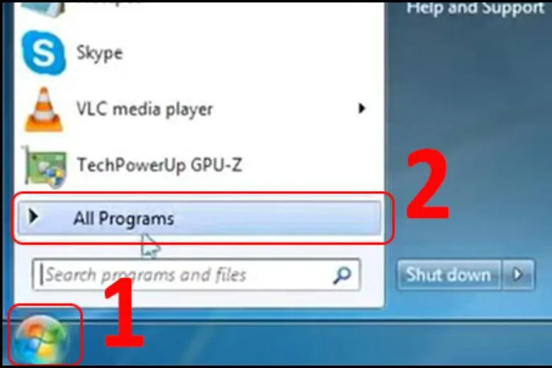 Menu Start của Windows 7, minh họa đường dẫn đến All Programs.
