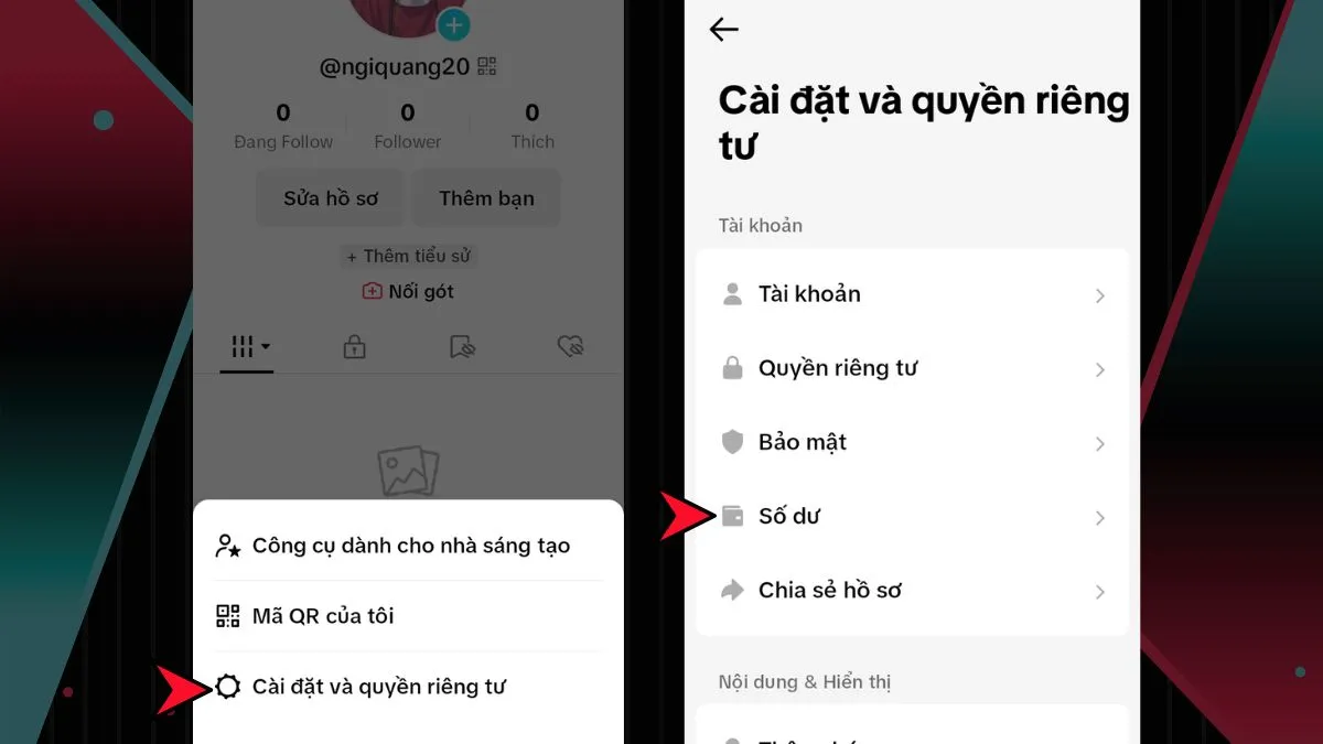 Giao diện Cài đặt và Quyền riêng tư để bật tính năng kiếm tiền trên Tiktok
