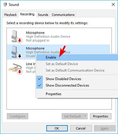 Kích hoạt micro bị Disabled trong cửa sổ Recording