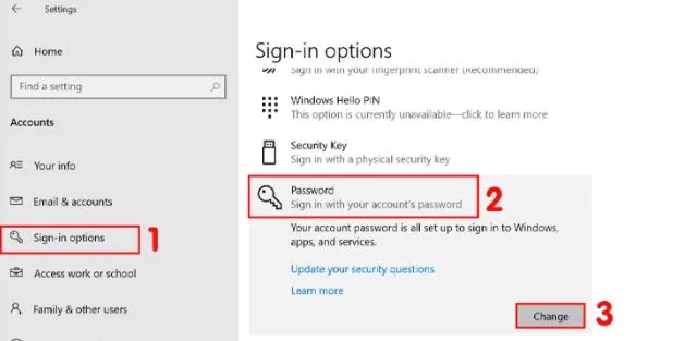 Tùy chọn đăng nhập và mục thay đổi mật khẩu máy tính Windows 10