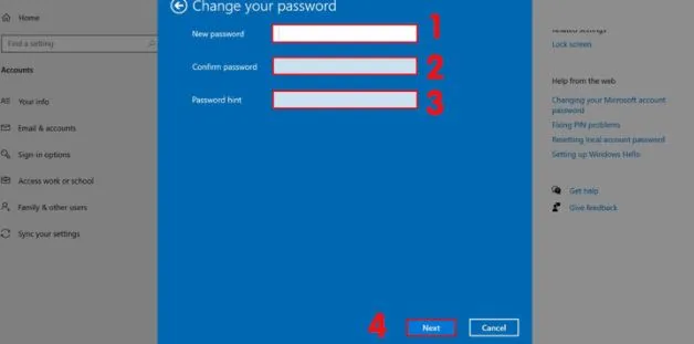 Điền mật khẩu mới và gợi ý mật khẩu khi thực hiện cách cài đặt mật khẩu máy tính win 10