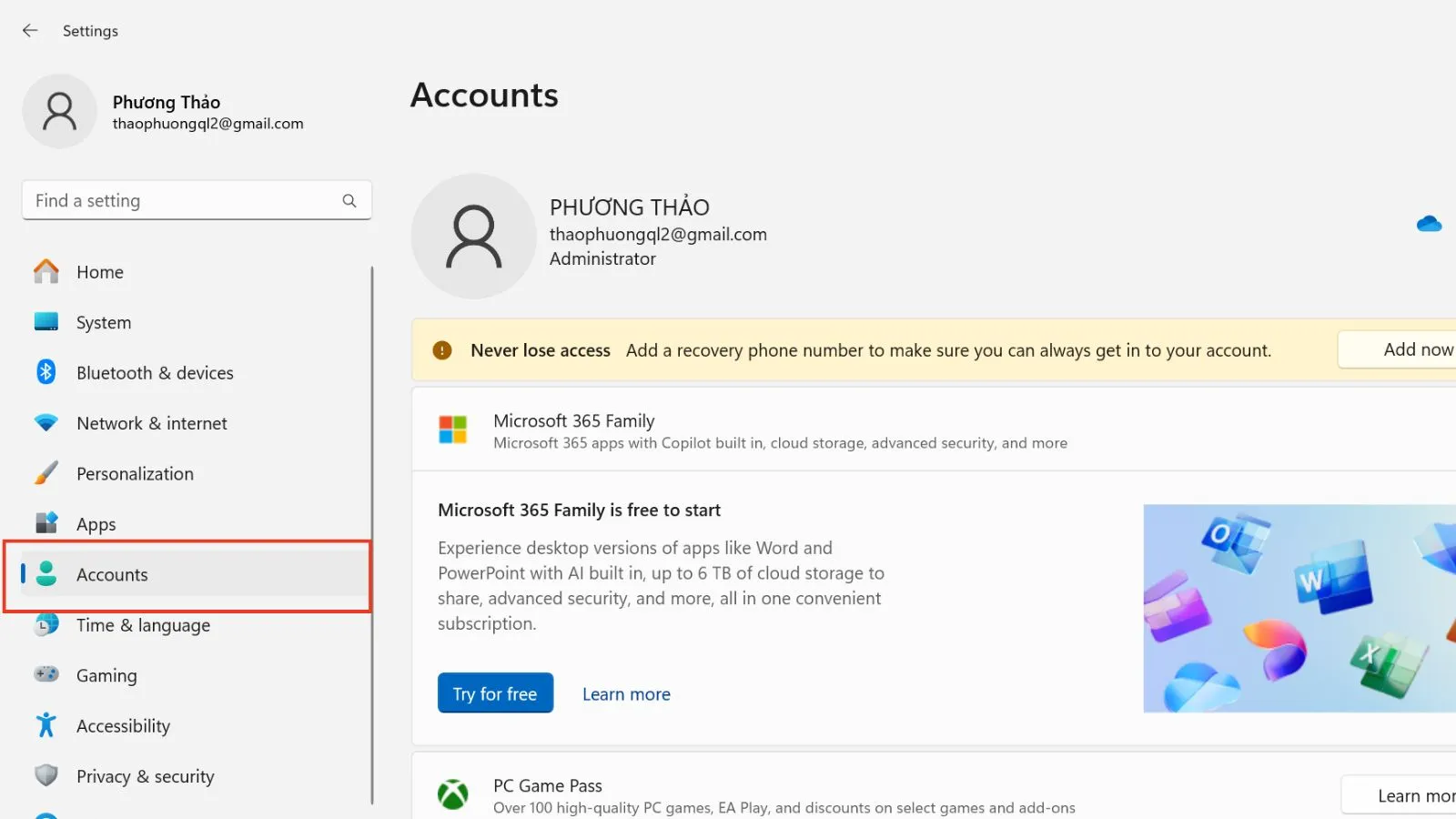 Giao diện Setting của Windows 11, tìm và chọn mục Accounts để cài mật khẩu
