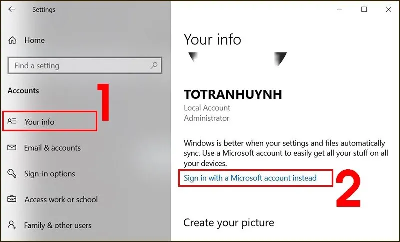 Chọn Your info và tùy chọn Sign in with a Microsoft account để cài đặt pass cho máy tính