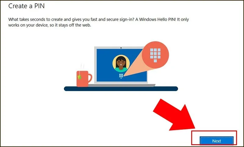 Nhấn Next để tiếp tục thiết lập mã PIN sau khi liên kết tài khoản Microsoft