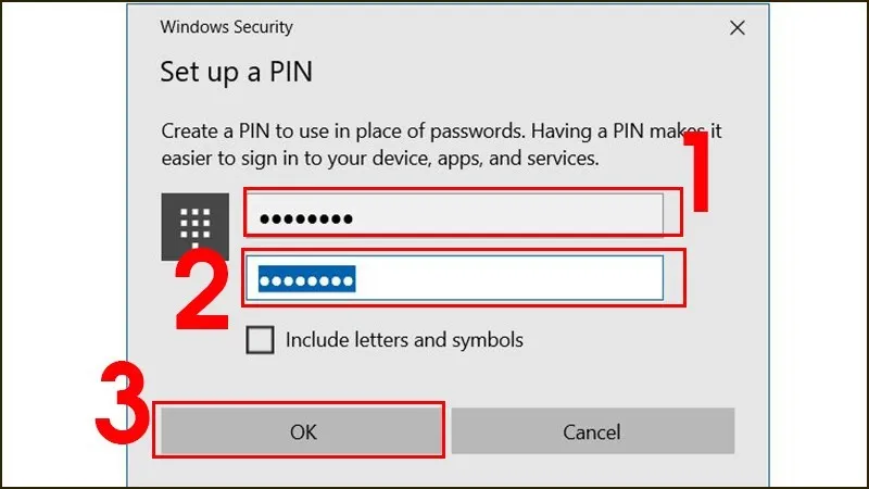 Cửa sổ tạo và xác nhận mã PIN Windows Hello