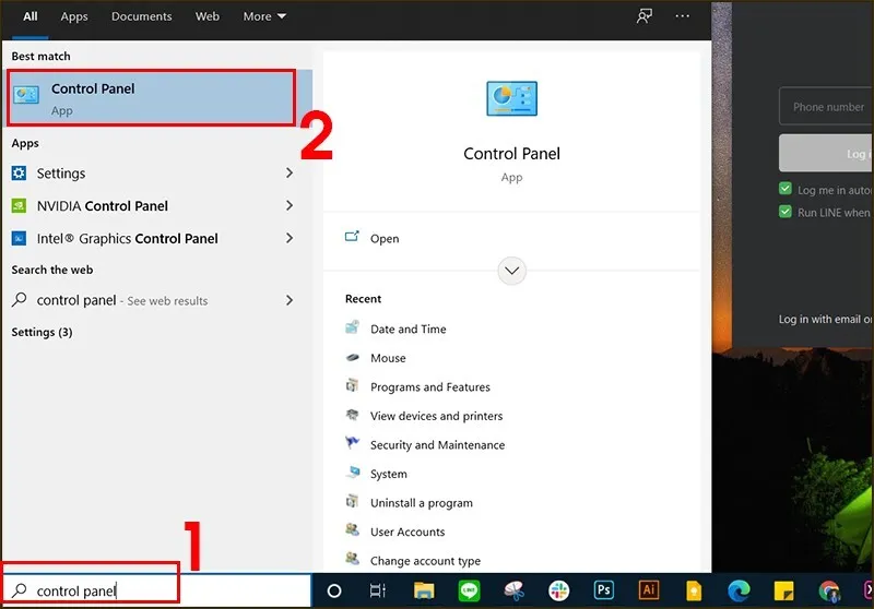 Mở Control Panel qua thanh tìm kiếm để thay đổi mật khẩu Windows 10
