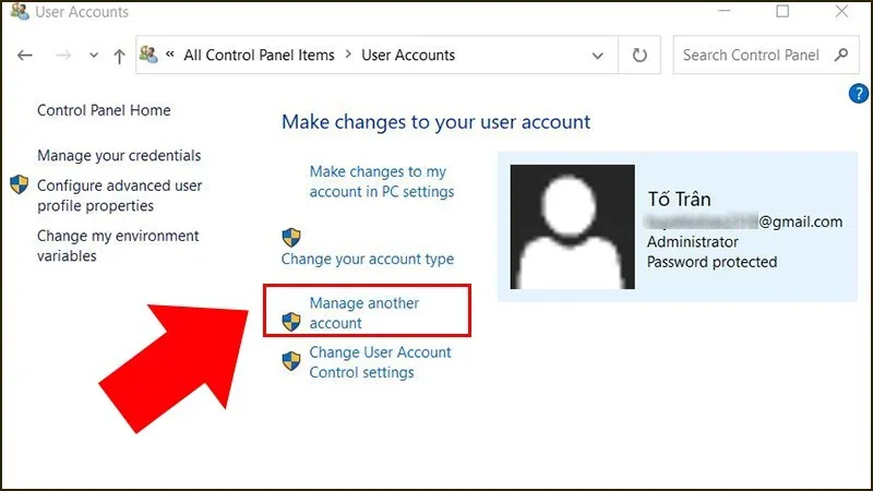Chọn Manage another account trong User Accounts để đổi mật khẩu máy tính