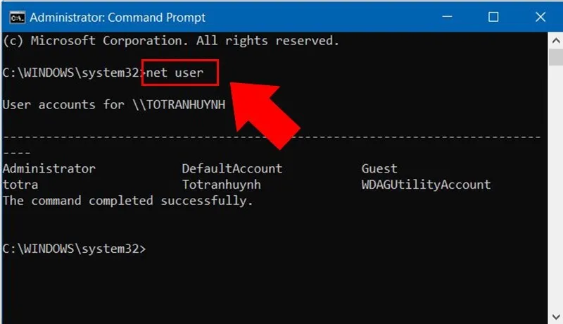Sử dụng lệnh net user trong CMD để liệt kê tài khoản người dùng