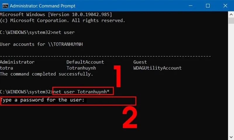 Thực hiện lệnh net user [tên tài khoản] để thay đổi mật khẩu máy tính