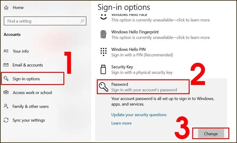 Chọn Sign-in options và Password, sau đó chọn Change để thay đổi mật khẩu Win 10