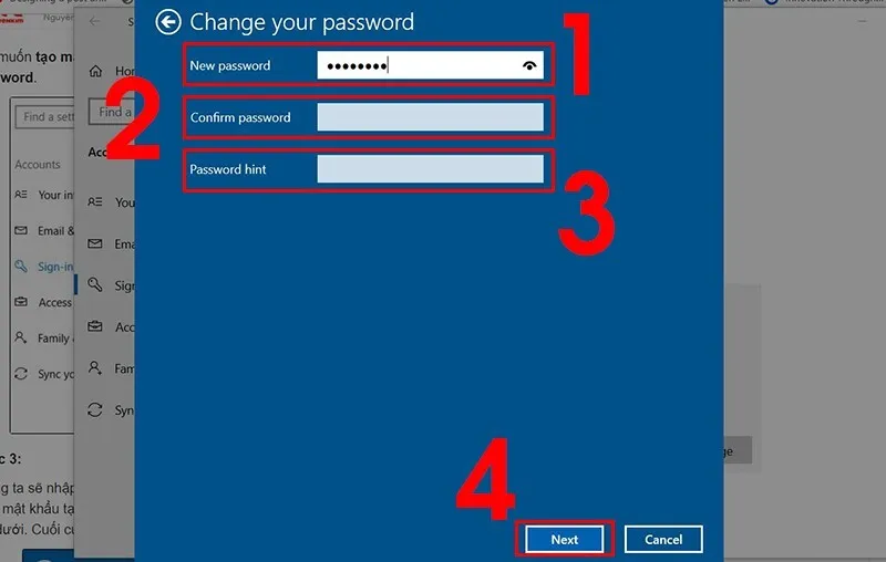Cửa sổ tạo mật khẩu mới Windows 10, bao gồm Password hint