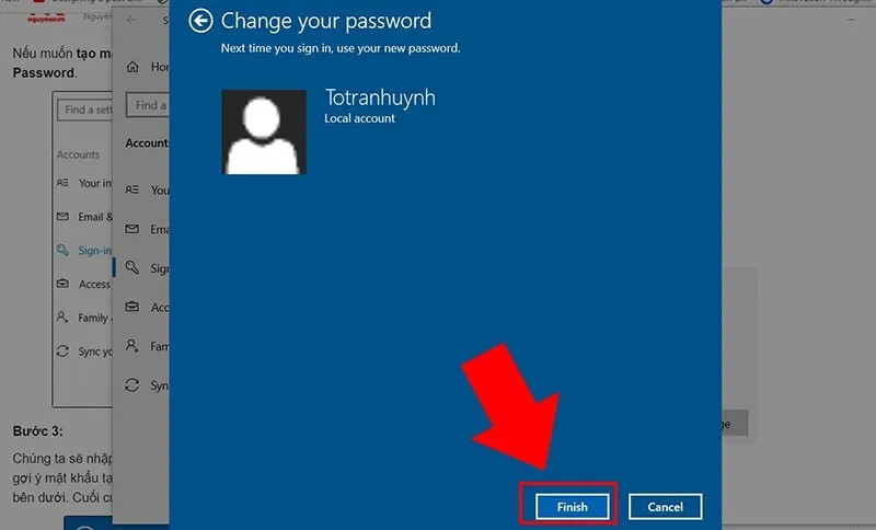 Hoàn tất quá trình cài đặt mật khẩu mới trên máy tính Windows 10