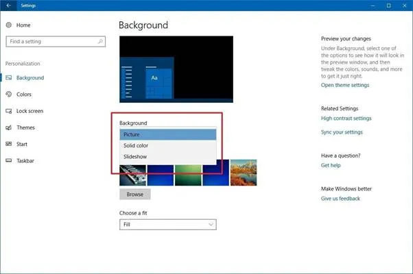 Hộp thoại Background trong Settings của Windows 10 với các tùy chọn hình nền