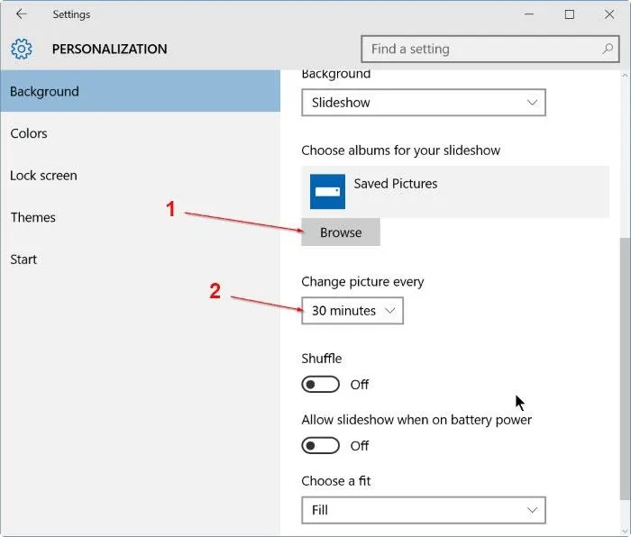 Điều chỉnh thời gian Slideshow trong mục Change picture every của Windows 10