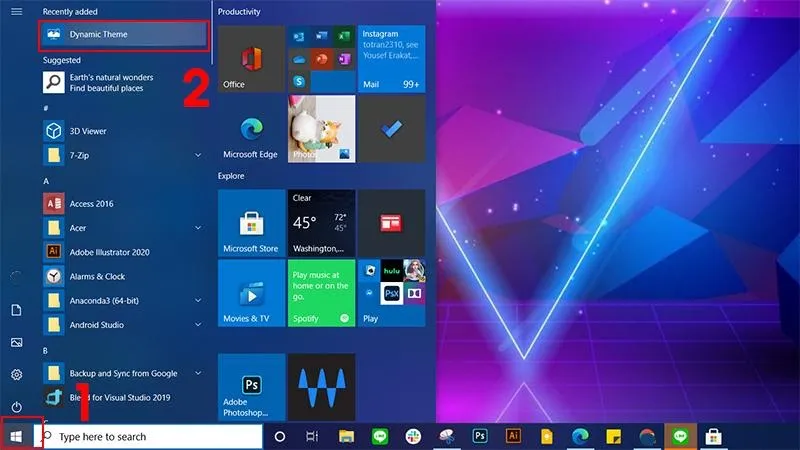 Khởi động Dynamic Theme từ Start Menu để thiết lập hình nền
