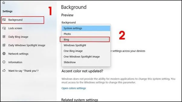 Chọn nguồn ảnh Bing trong mục Background của Dynamic Theme để thay hình nền