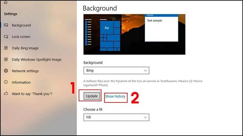 Giao diện Show history của Dynamic Theme hiển thị các hình nền đã sử dụng