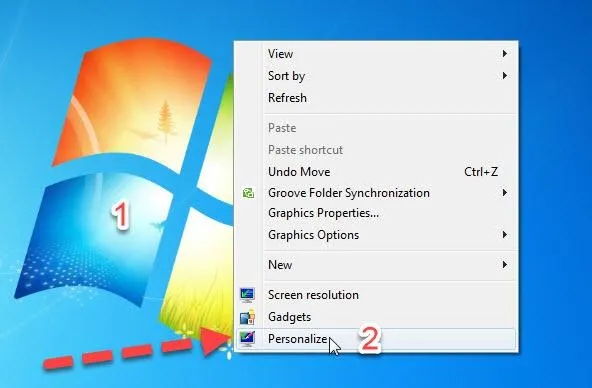 Mở cửa sổ Personalize trên Desktop để tùy chỉnh hình nền Win 7