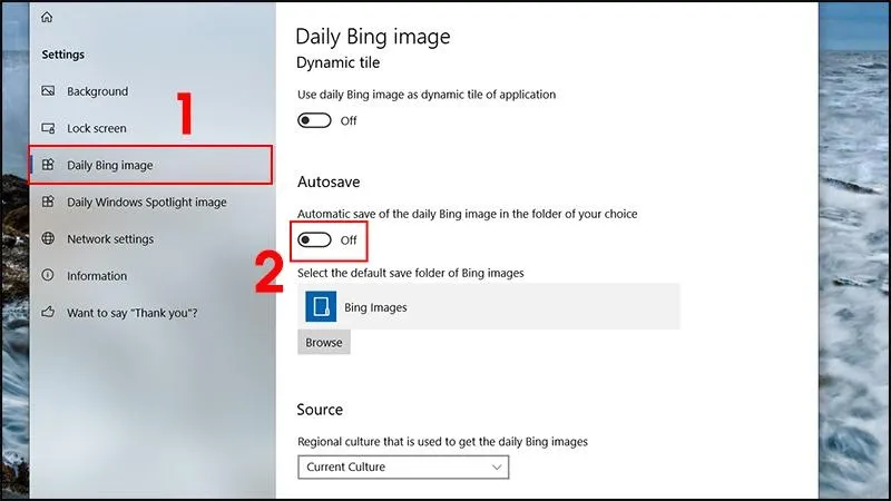 Kích hoạt chế độ Daily Bing image và Autosave trong Dynamic Theme