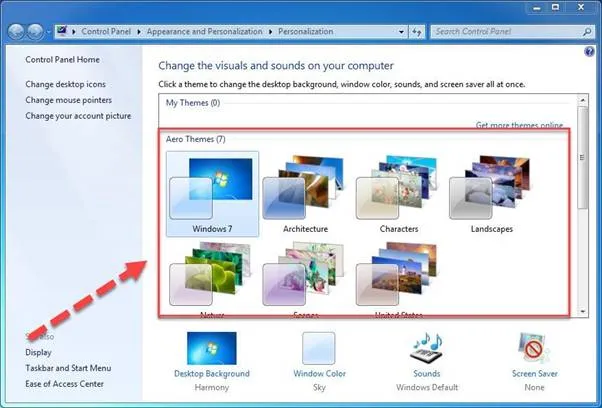 Lựa chọn các bộ ảnh nền mặc định trong Personalize của Windows 7