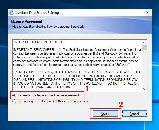 Đồng ý điều khoản sử dụng khi cài đặt phần mềm DeskScapes8
