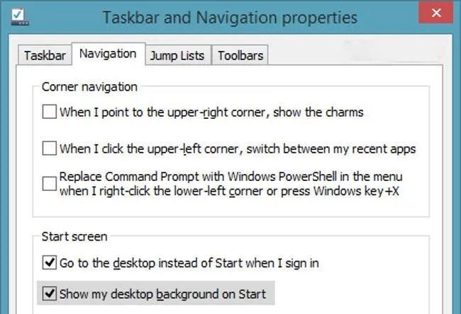 Cài đặt hình nền Windows 8/8.1 thông qua Taskbar Properties và Navigation