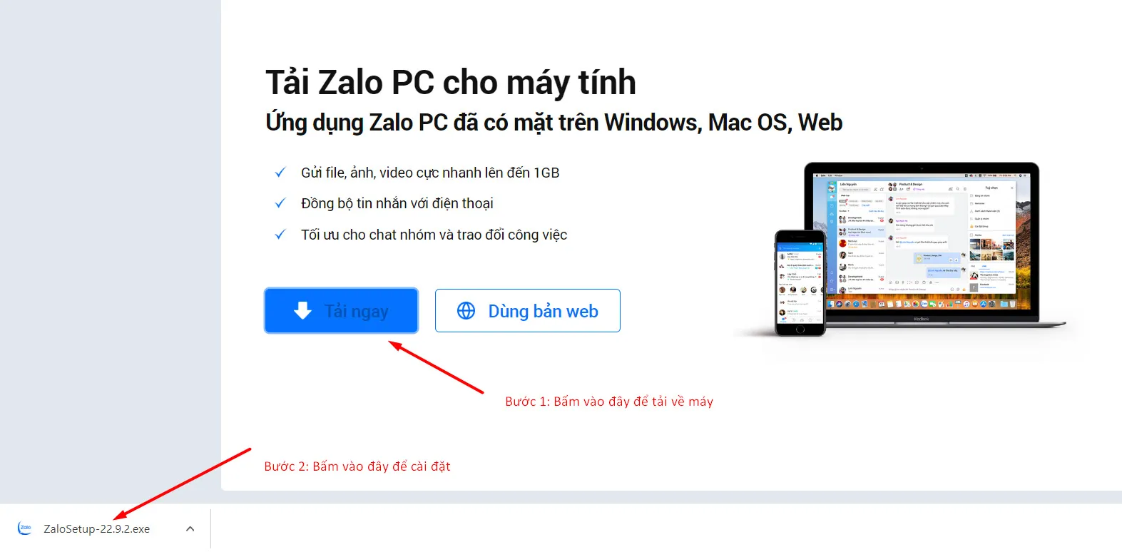 Giao diện trang tải xuống chính thức của Zalo PC, minh họa các bước cách cài zalo cho máy tính nhanh chóng.