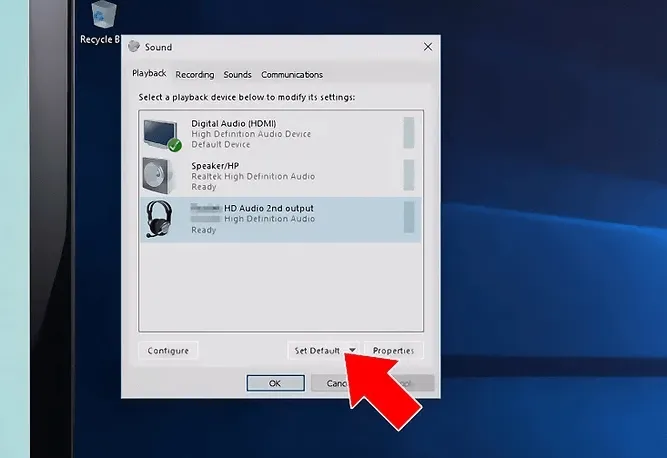 Xác định tai nghe là thiết bị ghi âm mặc định (Set Default) trong Tab Recording của Sound Settings