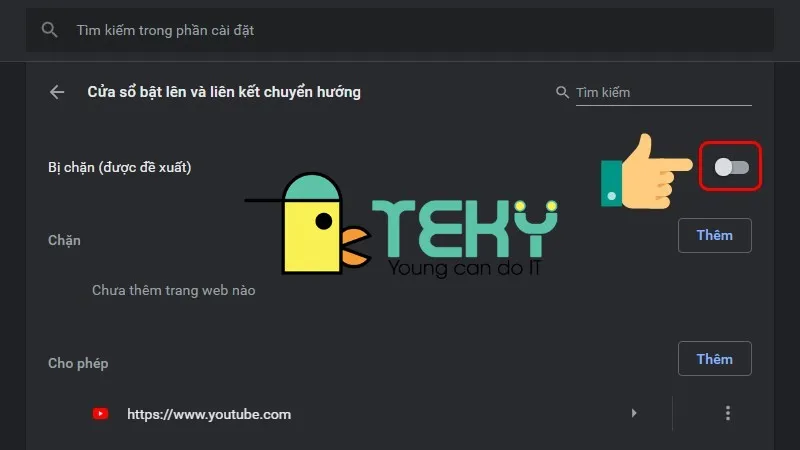 Thao tác gạt thanh công cụ để thực hiện cách chặn trang web trên máy tính bằng cách vô hiệu hóa pop-up.