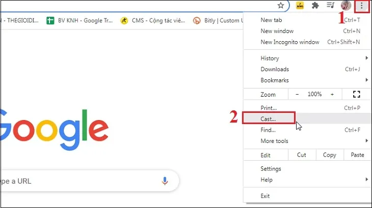 Minh họa giao diện trình duyệt Chrome với tùy chọn Cast đang hiển thị để kết nối với tivi