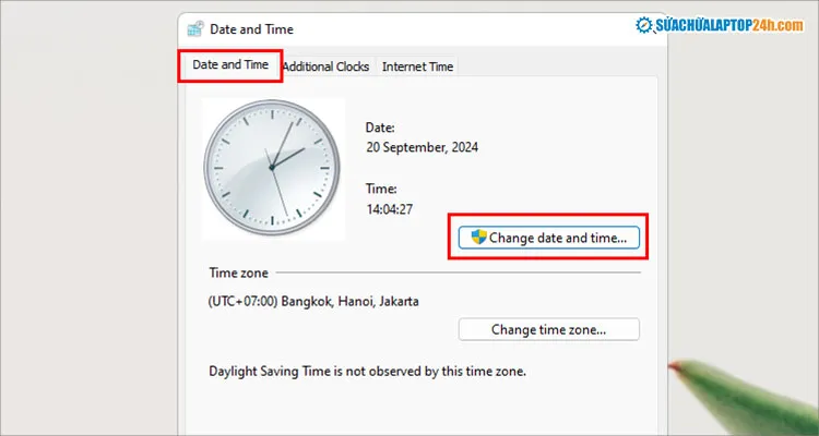 Màn hình Date and Time chọn Change date and time