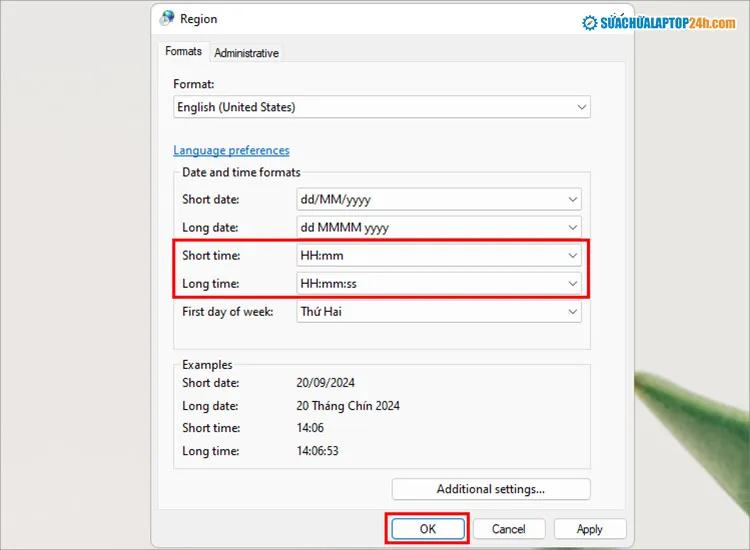 Thiết lập Short time và Long time với định dạng 24 giờ trên Windows 11