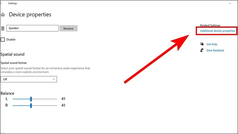 Cửa sổ Device Properties để truy cập tùy chọn Additional device properties, phục vụ việc quản lý âm thanh Windows 10.