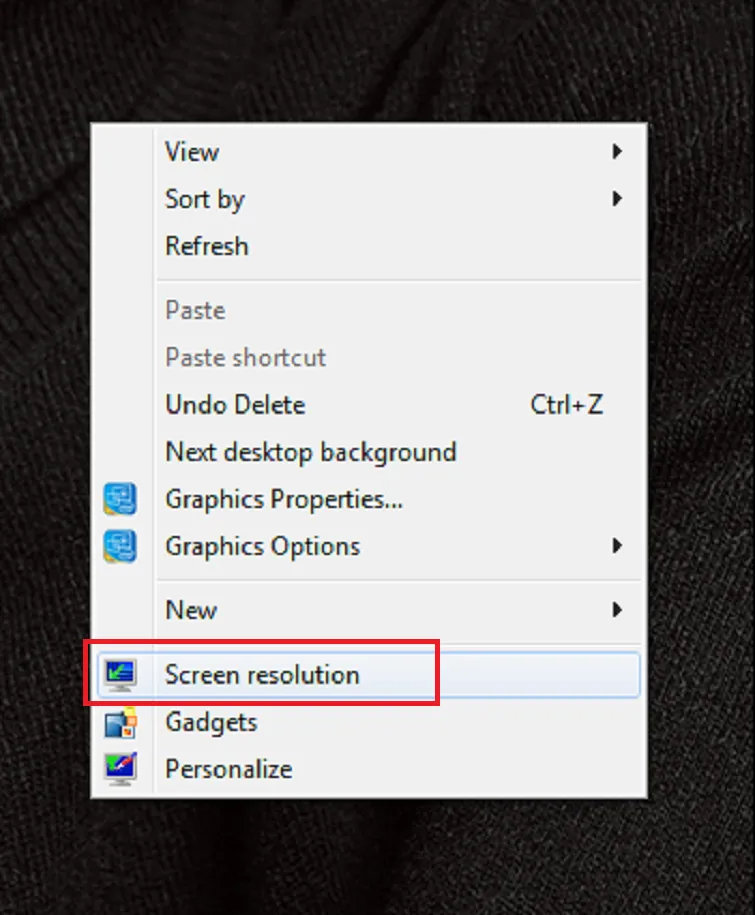 Menu chuột phải trên desktop Windows 7 hiển thị tùy chọn Screen resolution