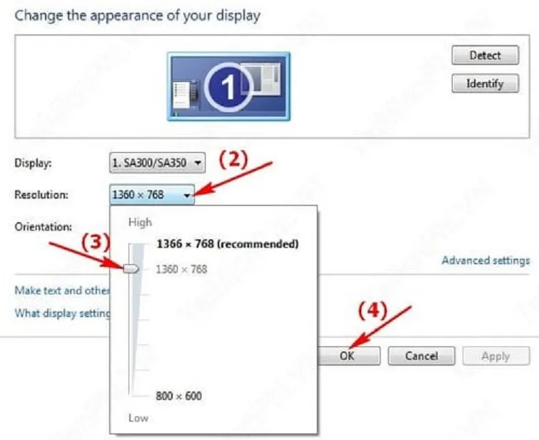 Thao tác kéo thanh trượt trong mục Resolution để thay đổi độ phân giải màn hình máy tính Windows 7