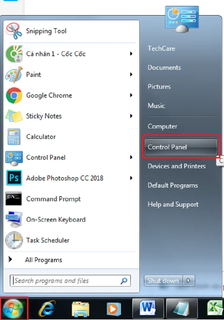 Vị trí Control Panel trong menu Start của hệ điều hành Windows 7