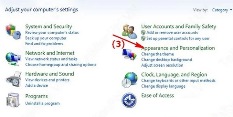 Chọn Appearance and Personalization trong Control Panel để thay đổi thiết lập hiển thị của máy tính