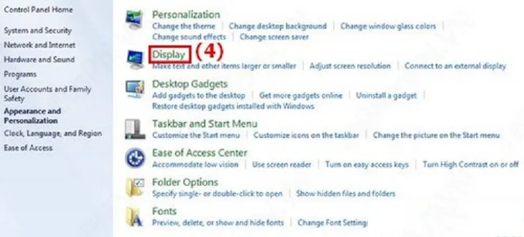 Vị trí mục Display trong cửa sổ Appearance and Personalization
