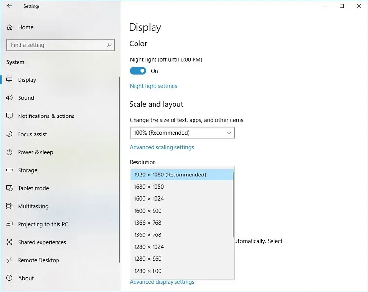 Cửa sổ điều chỉnh độ phân giải trên Windows 10/11 cho phép người dùng lựa chọn giữa các tùy chọn khác nhau
