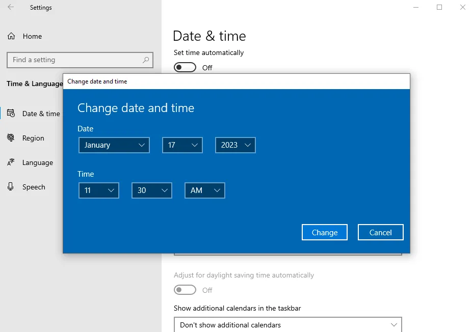 Thay đổi ngày và giờ thủ công trên laptop HP qua mục Change Date and Time khi tắt chế độ tự động