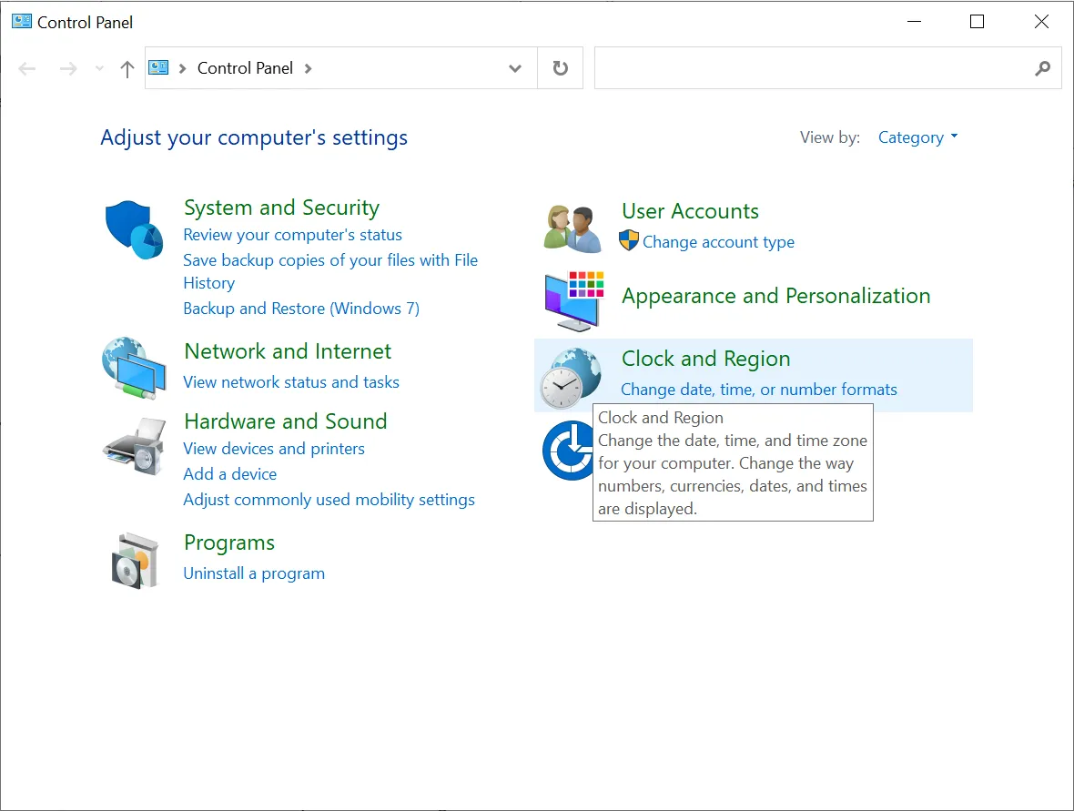 Chọn Clock and Region trong Control Panel để thay đổi thiết lập ngày và giờ máy tính