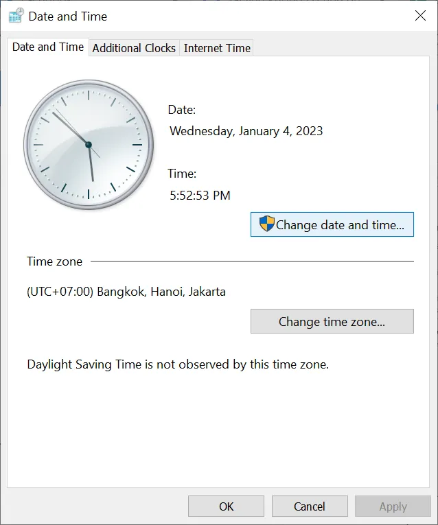 Cửa sổ Change Date and Time cho phép thiết lập thủ công ngày giờ trên laptop HP