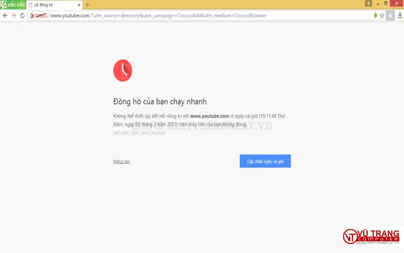 Ảnh chụp màn hình lỗi khi máy tính không thể truy cập internet do sai thời gian