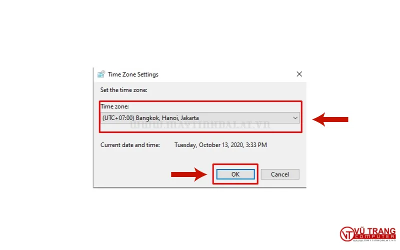 Giao diện chọn múi giờ trên Windows 7, chọn UTC+07:00