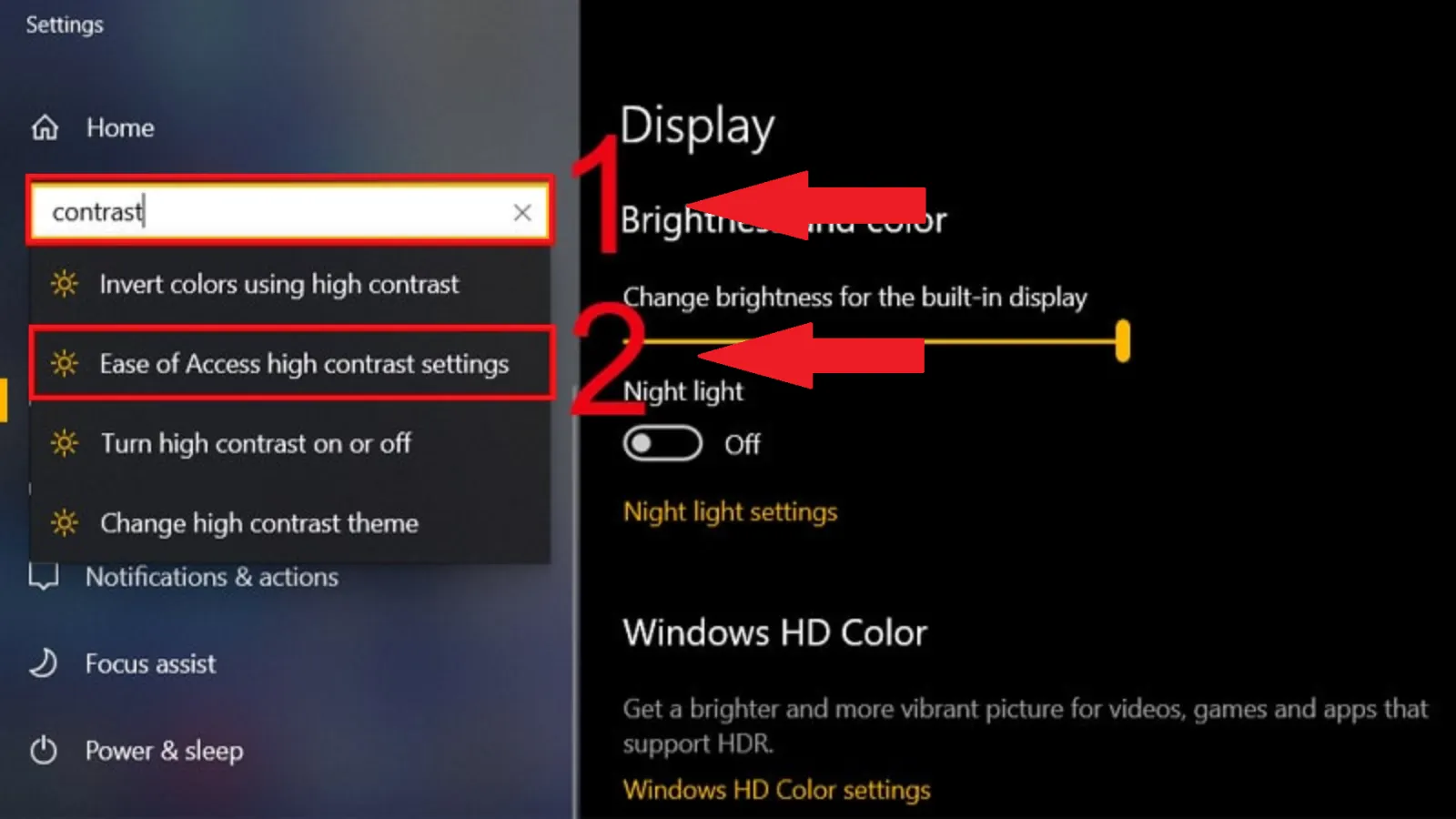 Tìm kiếm Ease of Access high contrast settings để điều chỉnh độ tương phản