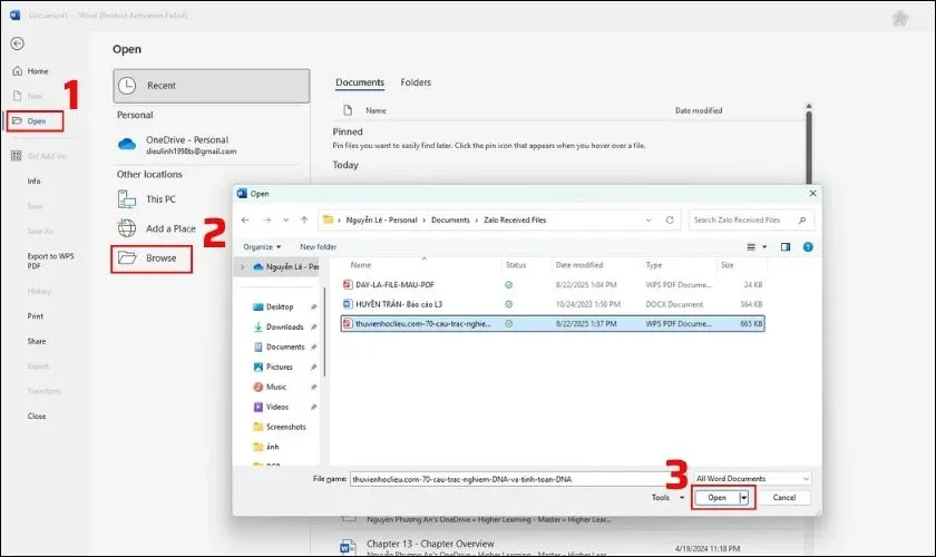 Quá trình mở file PDF trong Microsoft Word