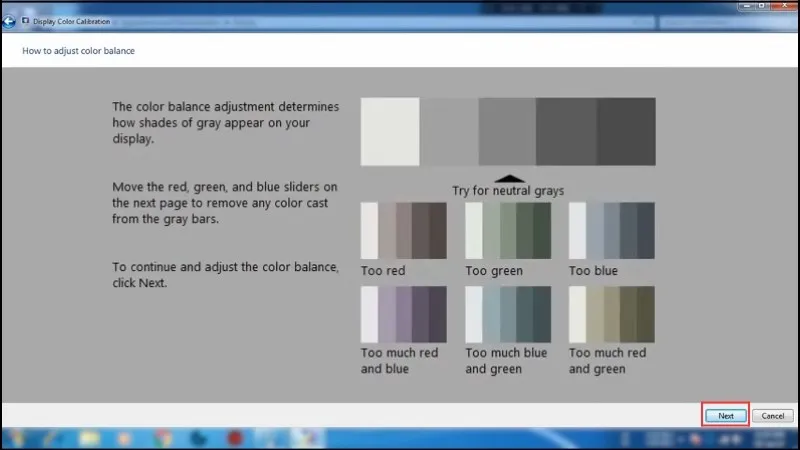Thông báo chuyển sang bước cân bằng màu sắc màn hình