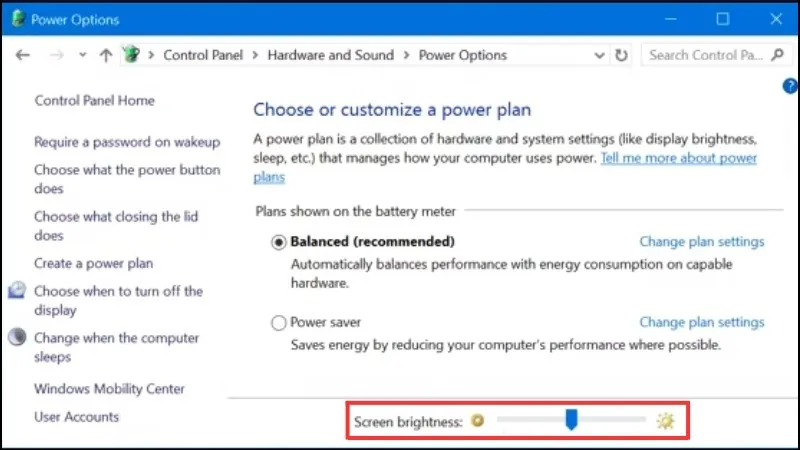 Thanh trượt Screen Brightness trong Power Options trên Win 7