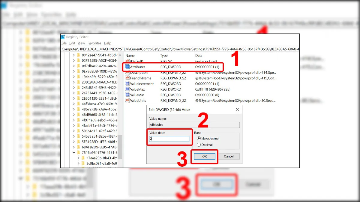 Thay đổi Value data của Attributes trong Registry Editor thành 2
