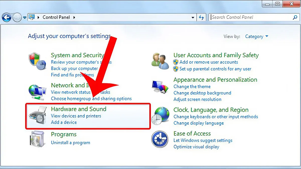 Chọn Hardware and Sound, sau đó là Power Options
